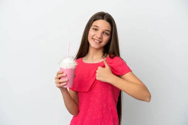 Little Girl Strawberry Milkshake Isolated White Background Giving Thumbs Gesture — ストック写真