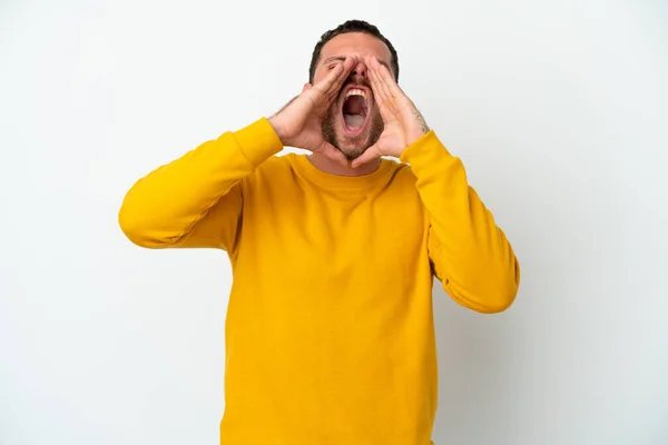 Young Brazilian Man Isolated White Background Shouting Announcing Something — Stock Photo, Image