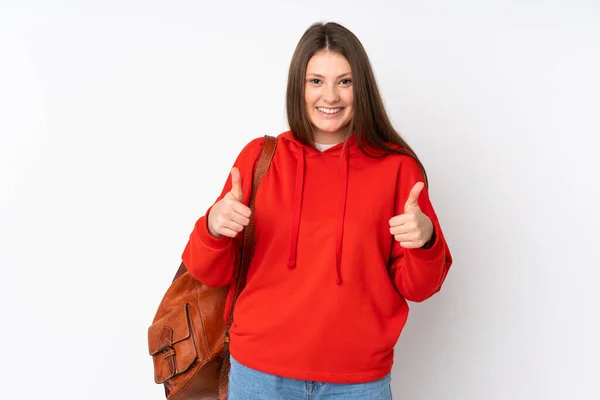 Tiener Kaukasische Student Meisje Geïsoleerd Witte Achtergrond Geven Een Duim — Stockfoto