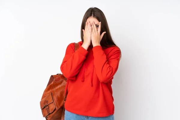 Teenager Caucasian Student Girl Isolated White Background Covering Eyes Looking — Stock Photo, Image
