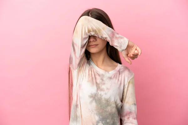 Little Girl Isolated Pink Background Covering Eyes Hands — Stock Photo, Image