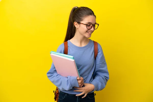 Étudiant Enfant Femme Sur Fond Jaune Isolé Souriant Beaucoup — Photo