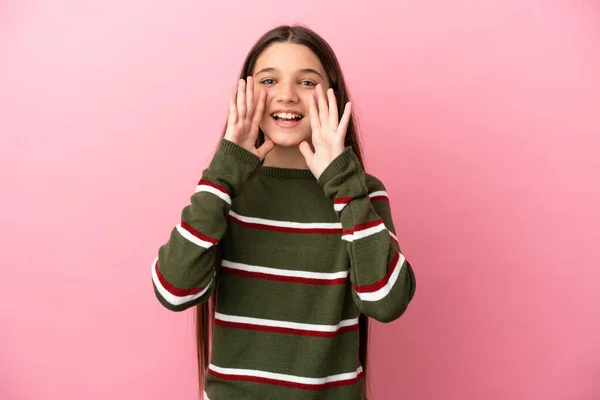 Little Girl Isolated Pink Background Shouting Announcing Something — Stock Photo, Image