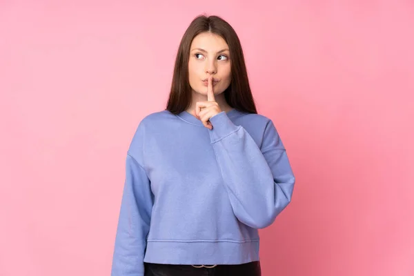 Teenager Caucasian Girl Isolated Pink Background Showing Sign Silence Gesture — Stock Photo, Image