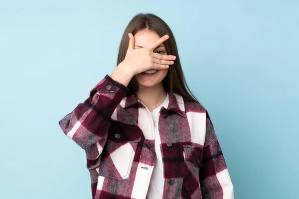 Teenager Caucasian Girl Isolated Blue Background Covering Eyes Hands Smiling — Stock Photo, Image