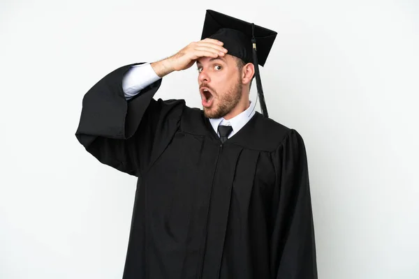 Jovem Universidade Brasileira Graduada Isolada Fundo Branco Fazendo Gesto Surpresa — Fotografia de Stock