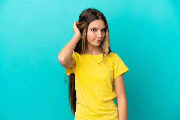 Little Girl Isolated Blue Background Having Doubts — Stock Photo, Image