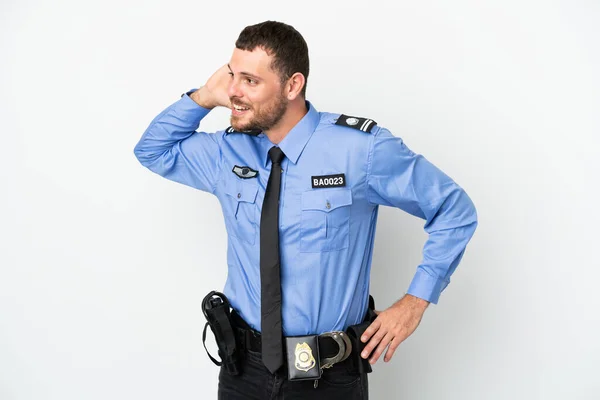 Joven Policía Brasileño Aislado Sobre Fondo Blanco Escuchando Algo Poniendo —  Fotos de Stock