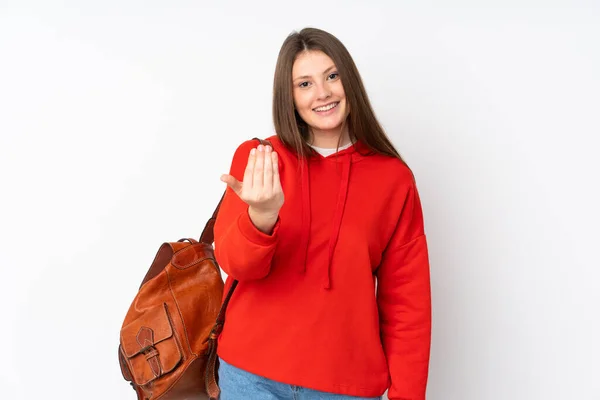 Tiener Kaukasische Student Meisje Geïsoleerd Witte Achtergrond Uitnodigen Komen — Stockfoto