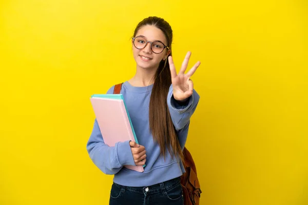 Étudiant Enfant Femme Sur Fond Jaune Isolé Heureux Compter Trois — Photo