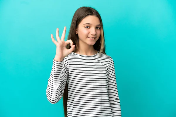 Klein Meisje Geïsoleerde Blauwe Achtergrond Tonen Teken Met Vingers — Stockfoto