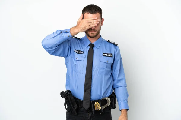 Joven Policía Brasileño Aislado Sobre Fondo Blanco Cubriendo Los Ojos —  Fotos de Stock