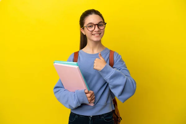 Studentin Kind Frau Über Isolierten Gelben Hintergrund Gibt Eine Daumen — Stockfoto