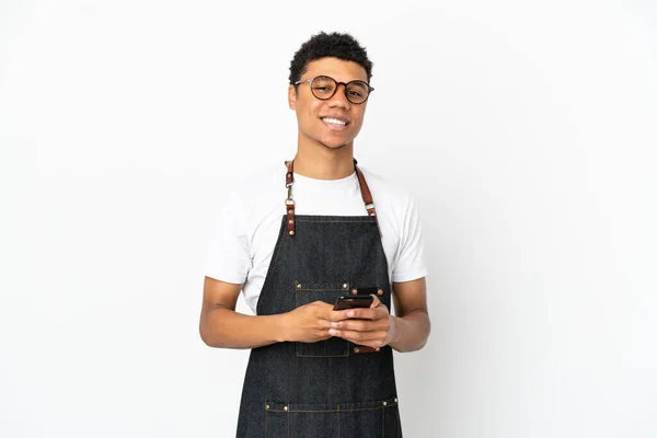 Restaurant Afroamerikanisch Kellner Mann Isoliert Auf Weißem Hintergrund Senden Eine — Stockfoto