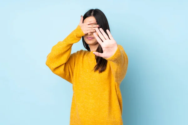 Young Caucasian Woman Isolated Blue Background Making Stop Gesture Covering — Stock Photo, Image