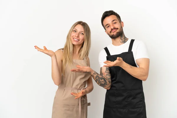 Camarero Restaurante Sobre Fondo Blanco Aislado Extendiendo Las Manos Lado — Foto de Stock