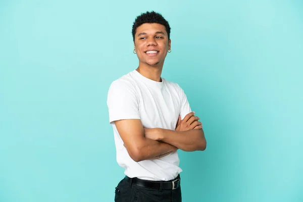 Jeune Homme Afro Américain Isolé Sur Fond Bleu Avec Les — Photo