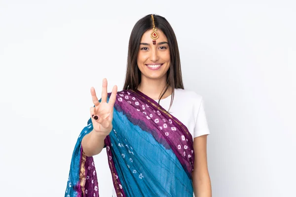 Молодая Индийская Женщина Изолированы Белом Фоне Счастливы Подсчет Трех Пальцами — стоковое фото
