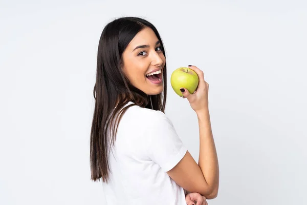 Young Caucasian Woman Isolated White Background Eating Apple — Stock Photo, Image