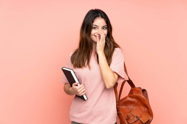 Young Student Woman Going University Isolated Pink Background Surprise Facial — Stock Photo, Image