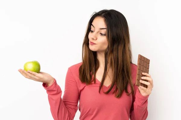 Young Caucasian Woman Isolated Pink Background Having Doubts While Taking — Stock Photo, Image