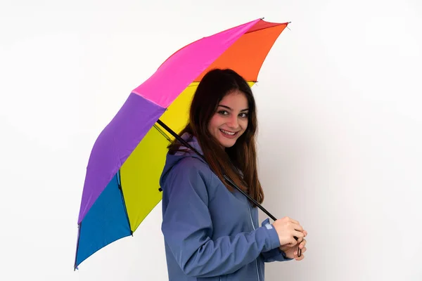 Mulher Segurando Guarda Chuva Isolado Fundo Branco — Fotografia de Stock