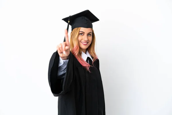 Graduação Universitária Jovem Sobre Fundo Branco Isolado Mostrando Levantando Dedo — Fotografia de Stock