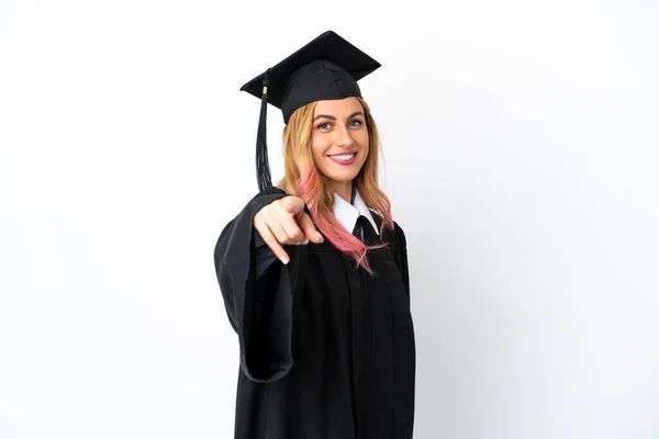 Graduação Universitária Jovem Sobre Fundo Branco Isolado Apontando Frente Com — Fotografia de Stock