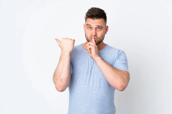 Russo Bonito Homem Sobre Isolado Fundo Apontando Para Lado Fazendo — Fotografia de Stock