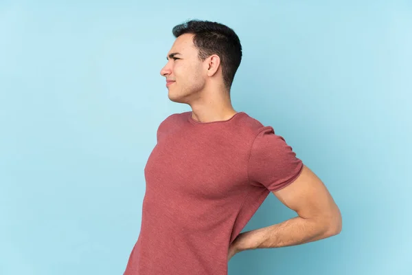 Young Caucasian Handsome Man Isolated Blue Background Suffering Backache Having — Stock Photo, Image