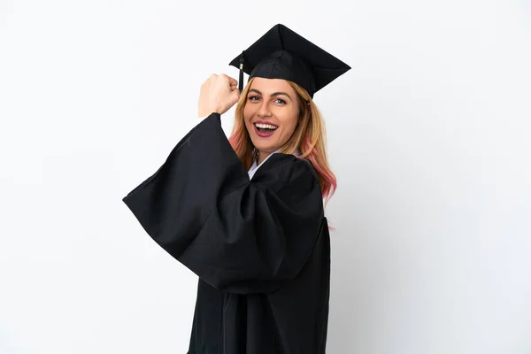 Graduação Universitária Jovem Sobre Fundo Branco Isolado Celebrando Uma Vitória — Fotografia de Stock