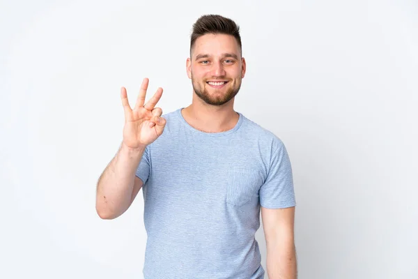 Russo Bonito Homem Sobre Isolado Fundo Feliz Contando Três Com — Fotografia de Stock