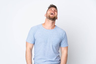 Soyutlanmış arka plan gülen Rus yakışıklı adam.