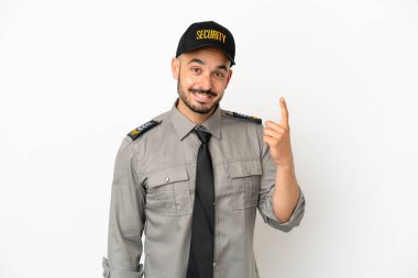 Beyaz arka planda izole edilmiş genç beyaz adam işaret parmağıyla işaret etmek harika bir fikir.