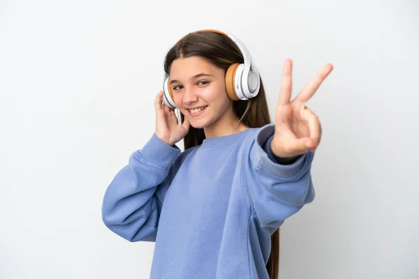 Menina Sobre Isolado Fundo Branco Ouvindo Música Canto — Fotografia de Stock