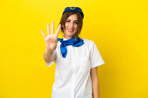 Airplane Stewardess Woman Isolated Yellow Background Happy Counting Four Fingers — Stock Photo, Image