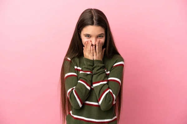 Little Girl Isolated Pink Background Happy Smiling Covering Mouth Hands — Stock Photo, Image