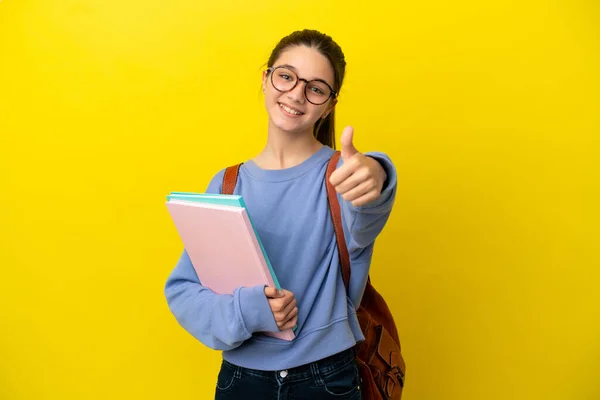 Student Kid Woman Isolated Yellow Background Thumbs Because Something Good — Stock Photo, Image