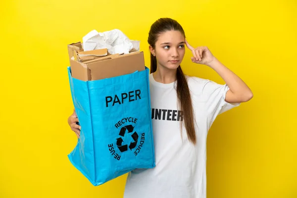 Little Girl Holding Recycling Bag Full Paper Recycle Isolated Yellow — Stock Photo, Image