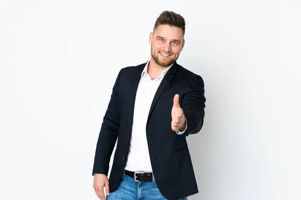 Young Russian Business Man Isolated White Background Handshaking Good Deal — Stock fotografie