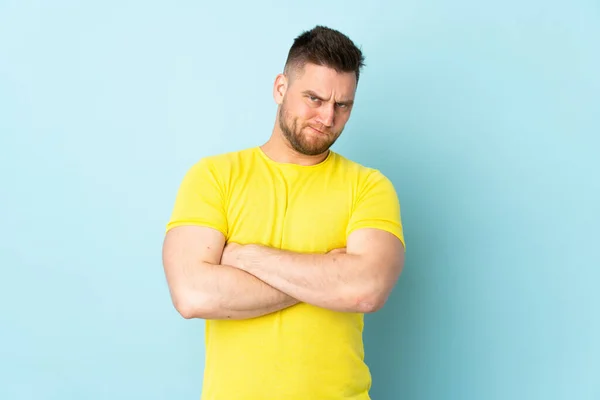 Russian Handsome Man Isolated Blue Background Unhappy Expression — Stock fotografie