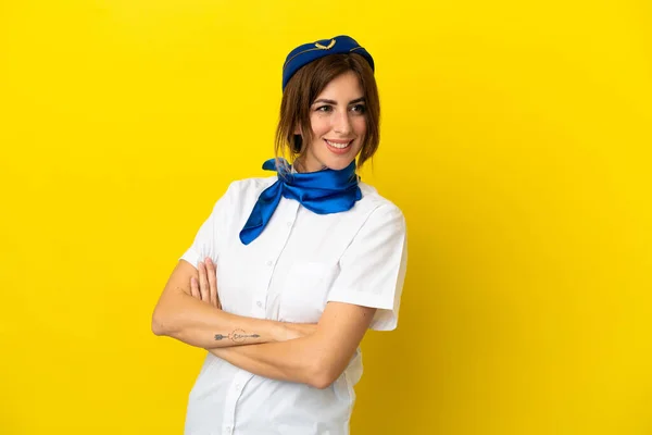 Airplane Stewardess Woman Isolated Yellow Background Arms Crossed Happy — Stock Photo, Image