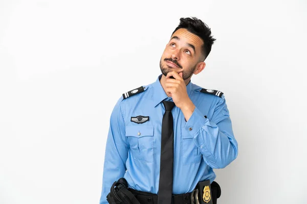 Policie Kavkazský Muž Izolované Bílém Pozadí Vzhlíží — Stock fotografie