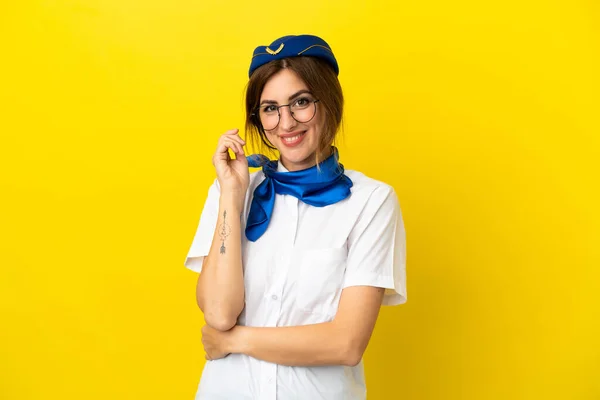 Airplane Stewardess Woman Isolated Yellow Background Glasses Happy — Stock Photo, Image