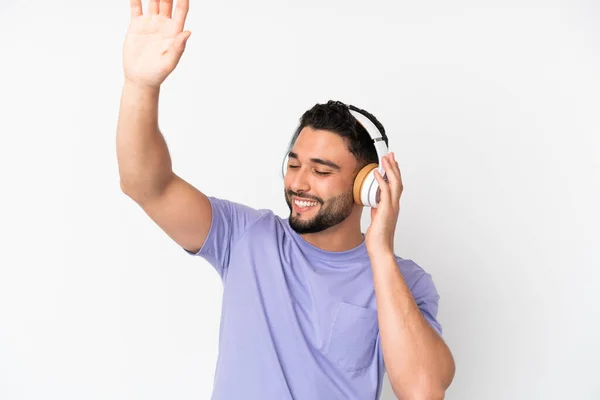 Young Arab Man Isolated White Background Listening Music Dancing — Stock Photo, Image