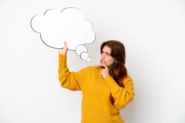 Young Redhead Woman Isolated White Background Holding Thinking Speech Bubble — Stock Photo, Image