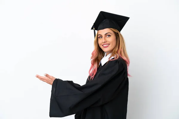 Graduação Universitária Jovem Sobre Fundo Branco Isolado Estendendo Mãos Para — Fotografia de Stock