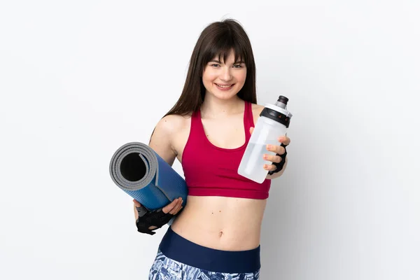 Νεαρή Αθλητική Γυναίκα Απομονωμένη Λευκό Φόντο Αθλητικό Μπουκάλι Νερού Και — Φωτογραφία Αρχείου