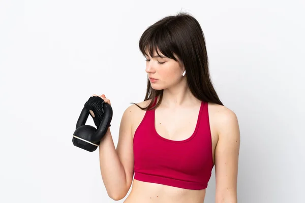 Jonge Sport Vrouw Geïsoleerd Witte Achtergrond Maken Gewichtheffen Met Kettlebell — Stockfoto