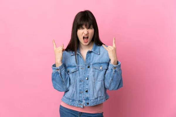Young Ukrainian Woman Isolated Pink Background Making Horn Gesture — Stock Photo, Image